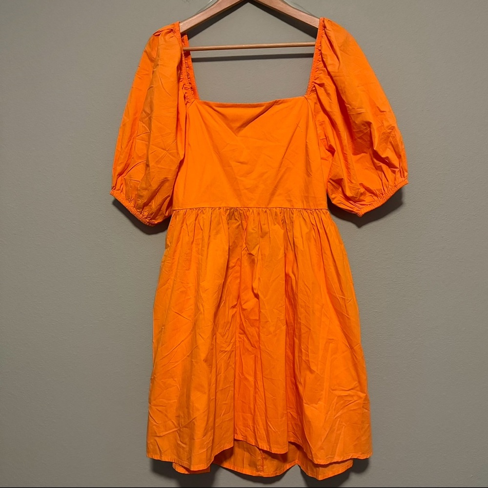 A New Day Square Neck Orange Puff Sleeve Smocked Open Back Mini Dress - L